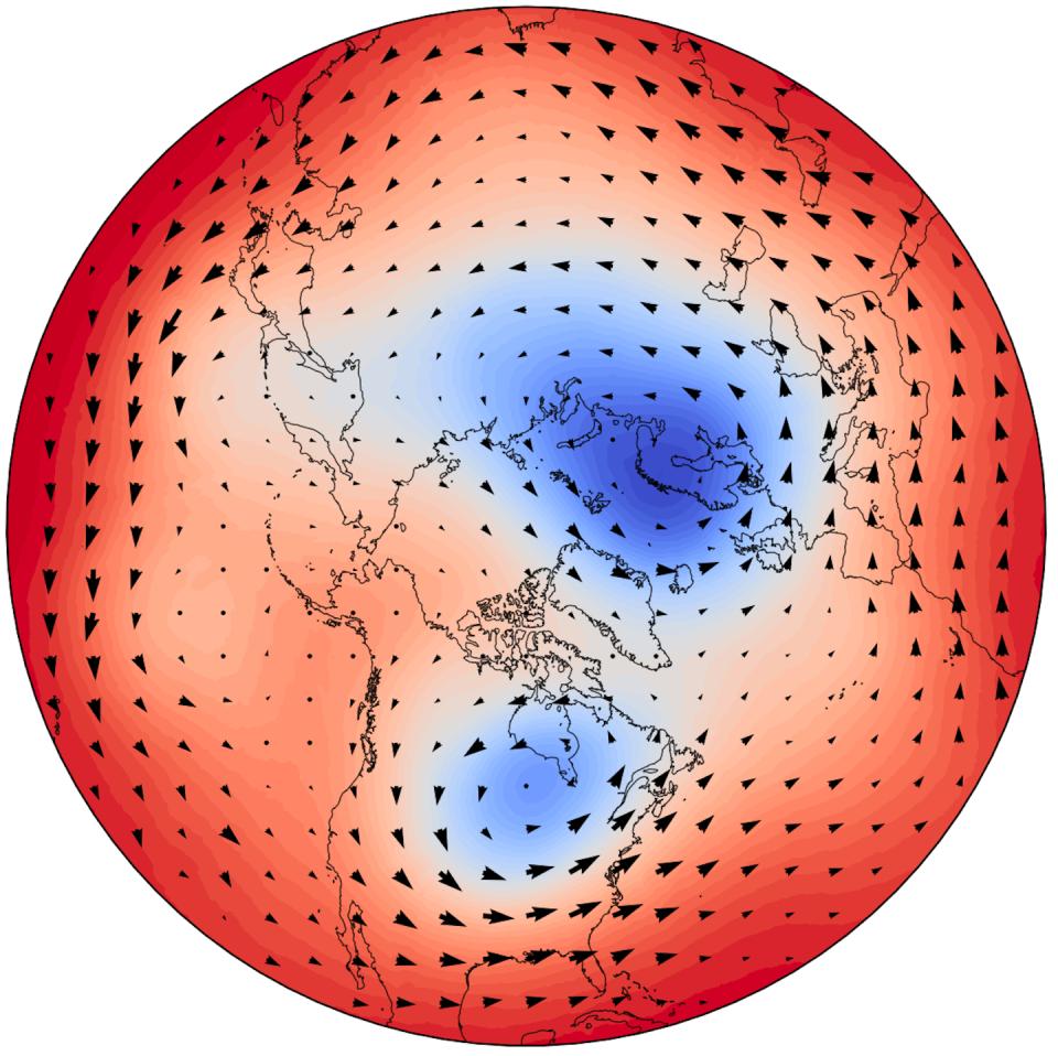 A polar view of the winds in the lower stratosphere at 7 a.m. EST on Jan. 16, 2024. The winds shown are approximately 10 miles above the surface, in the lower stratosphere. Mathew Barlow/UMass Lowell