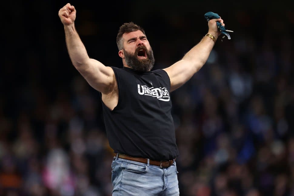 Former NFL player Jason Kelce reacts following a match during Night One of WrestleMania 40 at Lincoln Financial Field on April 06, 2024 in Philadelphia, Pennsylvania.