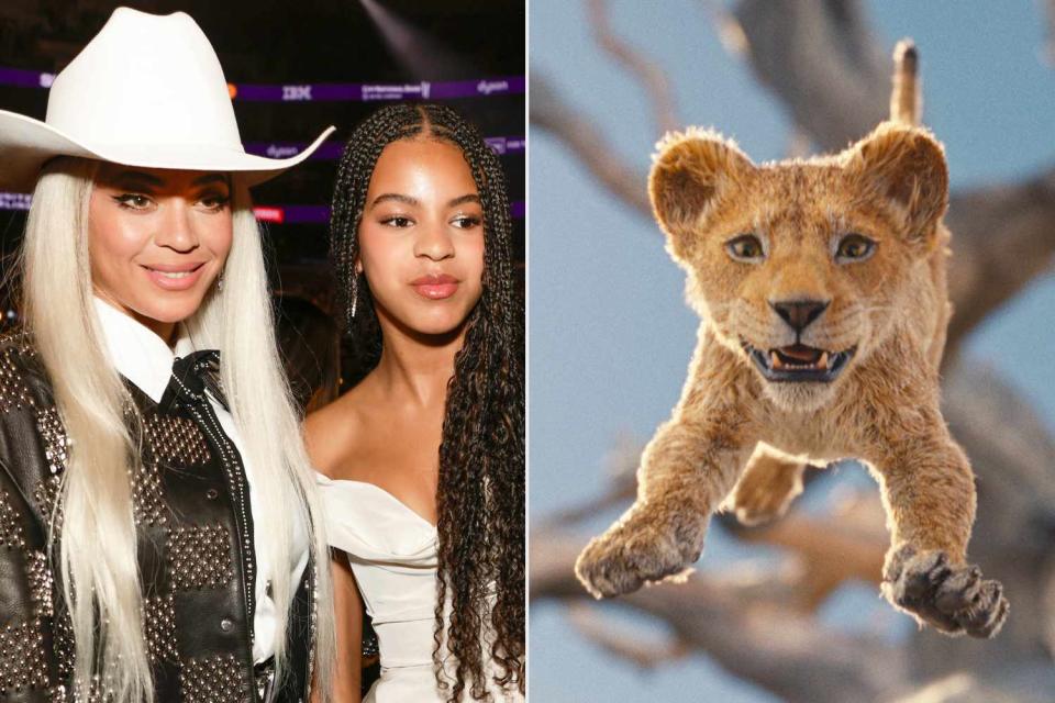 <p>Francis Specker/CBS via Getty; Courtesy of Disney</p> (Left-right:) Beyoncé and Blue Ivy Carter on Feb. 4; "Mufasa: The Lion King"