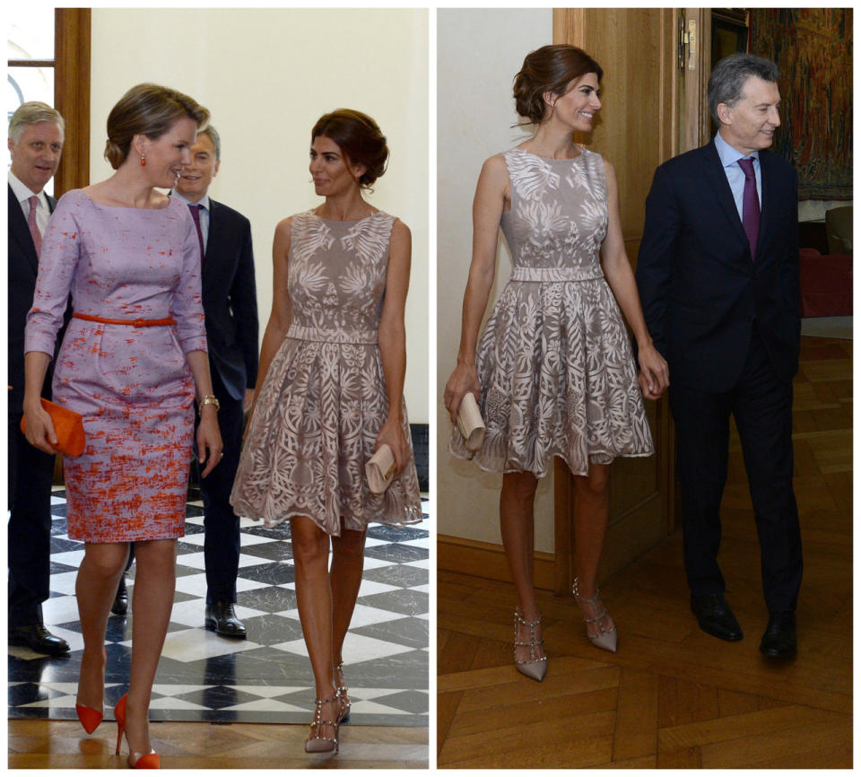 Juliana con el Rey Felipe y la Reina Matilde de Bélgica. Durante su tour presidencial europeo, Awada se encontró con los reyes de Bélgica, para lo que optó por un elegante vestido corto en un tono plata, con vuelo en la falda y arabescos plasmados.