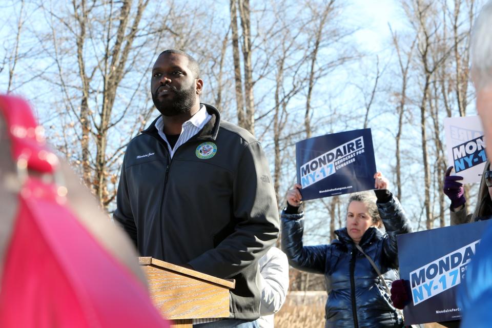 Former Rep. Mondaire Jones holds a press conference outside the Pearl River office of Rep. Mike Lawler to denounce House Republicans' impeachment inquiry into President Joe Biden, Dec. 20, 2023.