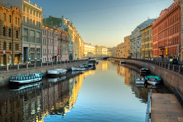 River channel with boats in Saint-Petersburg. Spring