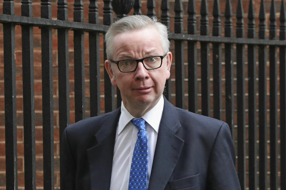 Britain's Environment, Food and Rural Affairs Secretary Michael Gove arrives in Downing Street, London, Monday April 8, 2019. Britain's government and opposition were clinging to hope Monday of finding a compromise Brexit deal, 48 hours before Prime Minister Theresa May must try to persuade European Union leaders to grant a delay to the U.K.'s departure from the bloc. (Jonathan Brady/PA via AP)