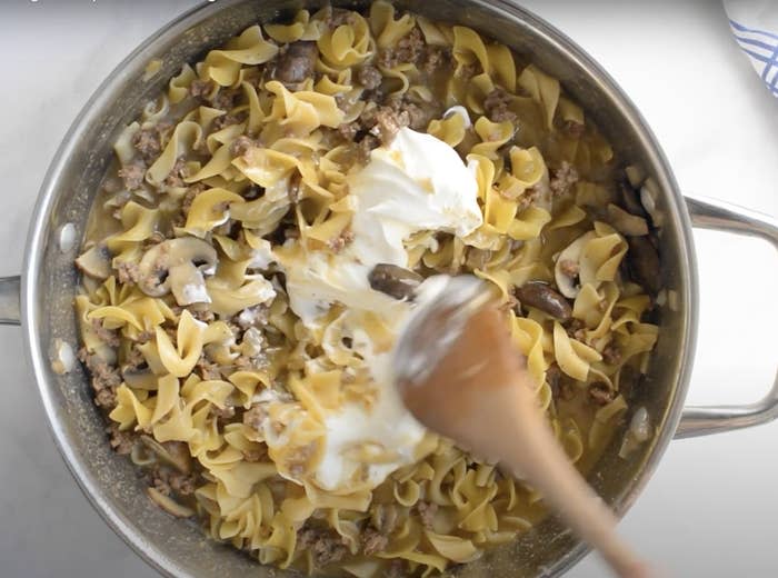 Hamburger Helper stroganoff in a pot