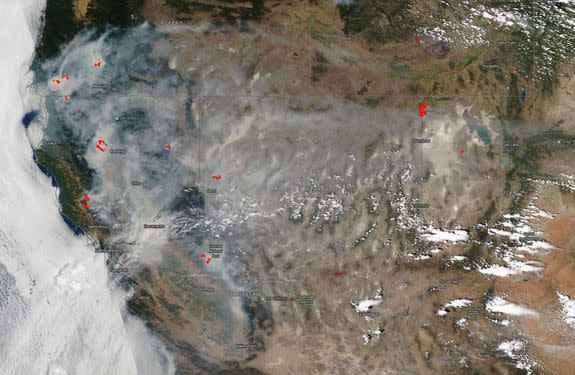 NASA's Aqua satellite captured this image of the California fire's smoke spreading to Utah.