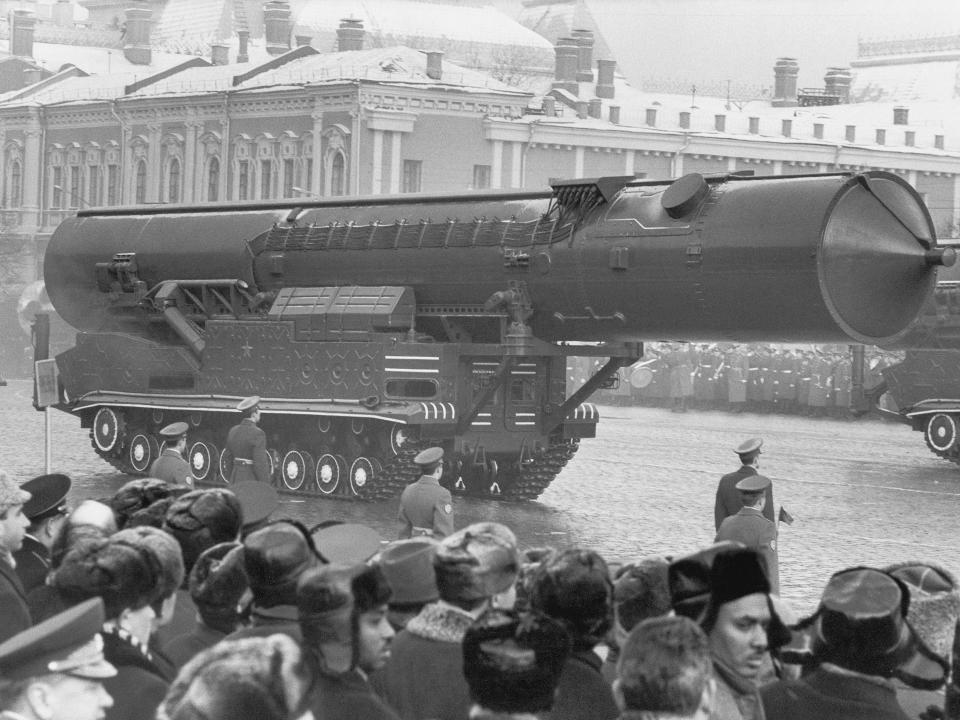 Intercontinental ballistic missiles parade through Red Square on the anniversary of the Bolshevik revolution in 1969.