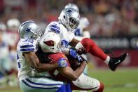 Sep 25, 2017; Glendale, AZ, USA; Arizona Cardinals wide receiver Larry Fitzgerald (11) makes a catch against Dallas Cowboys cornerback Orlando Scandrick (32) during the second half at University of Phoenix Stadium. Mandatory Credit: Joe Camporeale-USA TODAY Sports