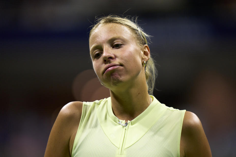 Anett Kontaveit, pictured here looking on during her clash with Serena Williams at the US Open.