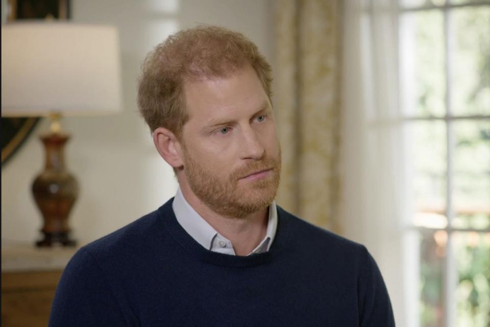 Undated handout screengrab issued by ITV of the Duke of Sussex during an interview with ITV’s Tom Bradby in California, US, for the programme Harry: The Interview. Issue date: Sunday January 8, 2023. (PA Media)