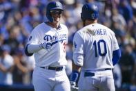 Mar 28, 2019; Los Angeles, CA, USA; Los Angeles Dodgers left fielder Joc Pederson (31) celebrates his two-run home run with third baseman Justin Turner (10) during the sixth inning against the Arizona Diamondbacksat Dodger Stadium. Mandatory Credit: Kelvin Kuo-USA TODAY Sports