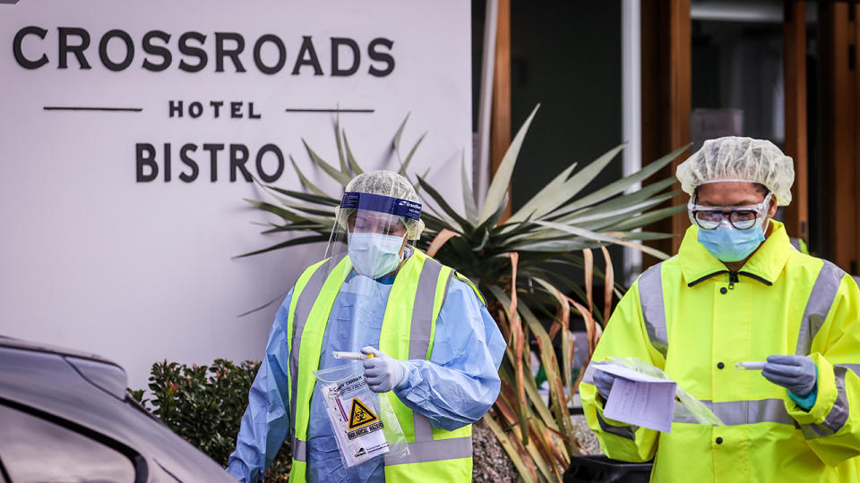 Medical staff, pictured here at a pop-up COVID-19 testing clinic at the Crossroads Hotel.