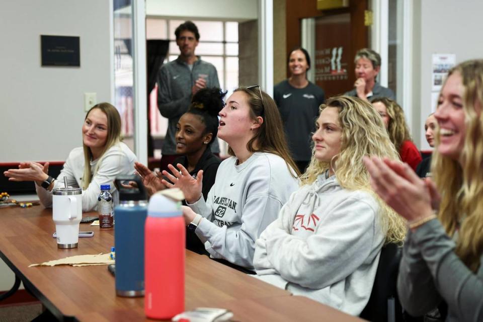 Transylvania seniors Sydney Wright, Dasia Thornton, Laken Ball and Kennedi Stacy react during the NCAA Division III Tournament selection show viewing party on Monday at the Clive M. Beck Center. Silas Walker/swalker@herald-leader.com