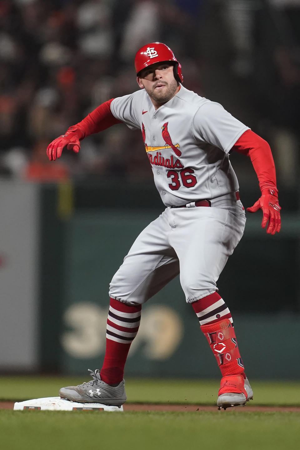 St. Louis Cardinals' Juan Yepez celebrates after hitting a double against the San Francisco Giants during the ninth inning of a baseball game in San Francisco, Friday, May 6, 2022. (AP Photo/Jeff Chiu)