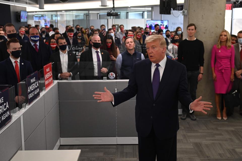 President Donald Trump visits his campaign headquarters in Arlington, Virginia, Nov. 3, 2020.