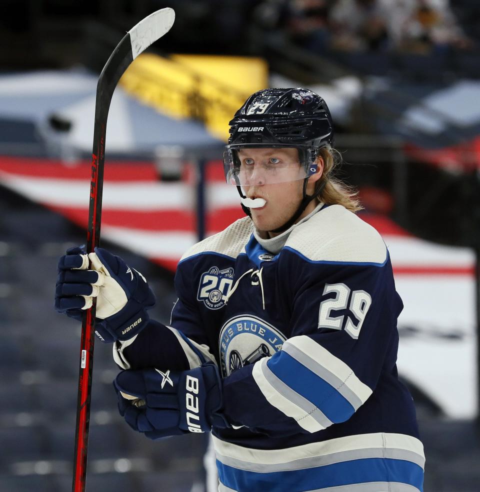 Columbus Blue Jackets right wing Patrik Laine (29) skates towards the face-off against Chicago Blackhawks during the first period of their NHL game at Nationwide Arena in Columbus, Ohio on April 12, 2021. 