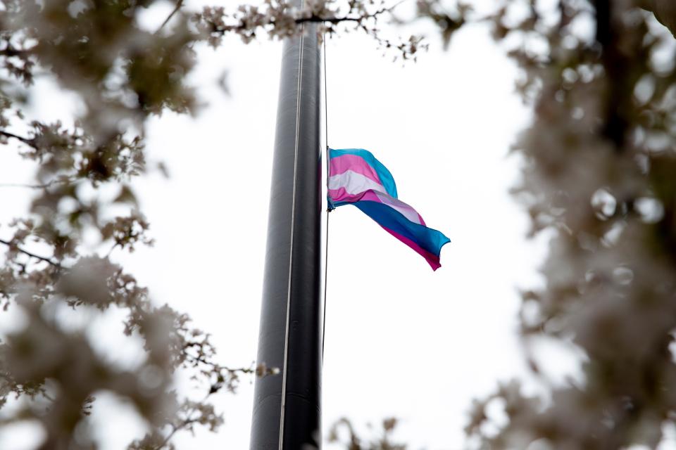 The Transgender flag is raised during a flag raising in recognition of International Transgender Day of Visibility, Thursday, March 31, 2022, at City Hall in Cincinnati. 