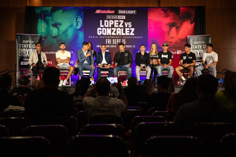 Professional fighters are interviewed during a Top Rank press conference at the American Bank Center on Wednesday, Sept. 13, 2023, in Corpus Christi, Texas.