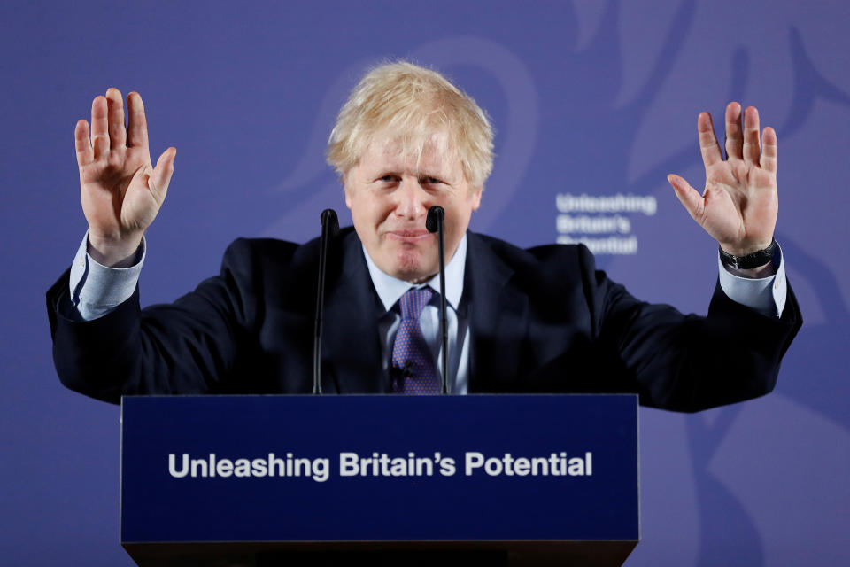 British Prime Minister Boris Johnson outlines his government's negotiating stance with the European Union after Brexit, during a speech at the Old Naval College in Greenwich, in London, Britain February 3, 2020. Frank Augstein/Pool via REUTERS