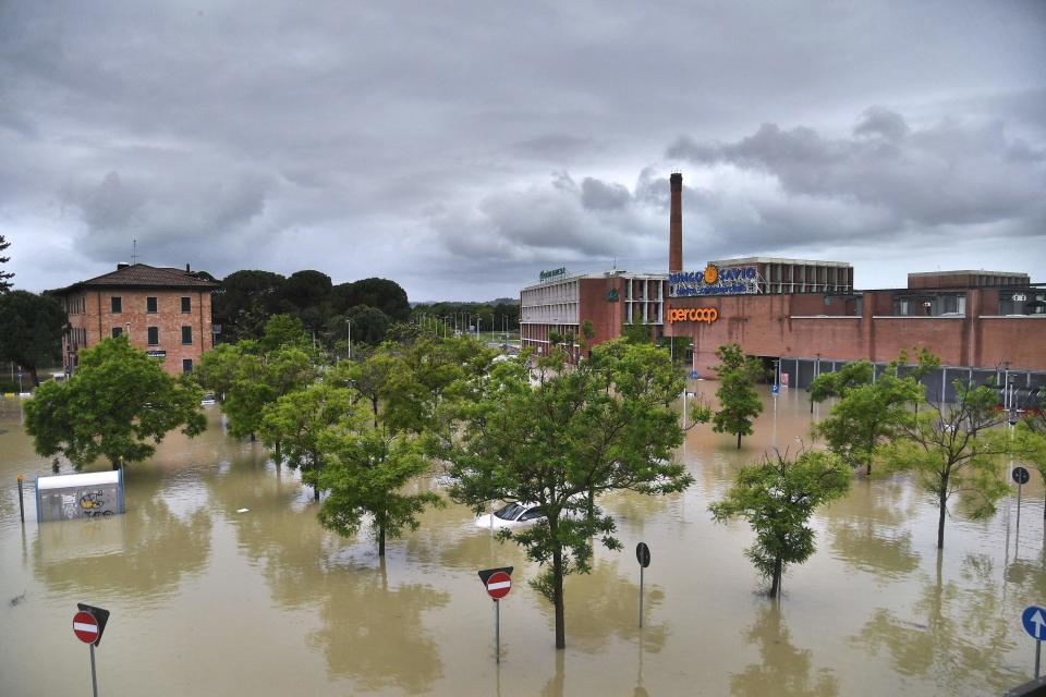 A picture taken in Cesena on May 17, 2023 shows a flooded supermarket area after heavy rains have caused major flooding in central Italy, where trains were stopped and schools were closed in many towns while people were asked to leave the ground floors of their homes and to avoid going out.