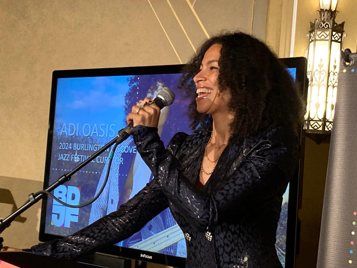 Adi Oasis, curator of the 2024 Burlington Discover Jazz Festival, discusses the festival's lineup at a news conference May 3, 2024 at the Flynn.