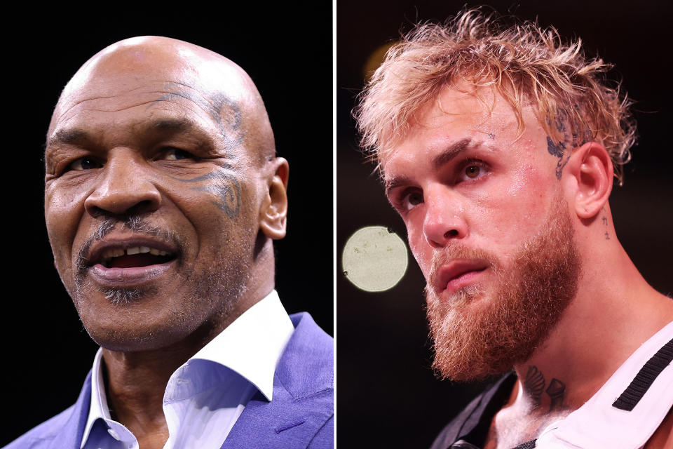 FILE PHOTO (EDITORS NOTE: COMPOSITE OF IMAGES - Image numbers 1469806982 and 1437611311) In this composite image a comparison between Former Boxer Mike Tyson (L) and Jake Paul (R). Tyson and Paul face in July 2024 exhibition fight.  ***LEFT IMAGE*** RIYADH, SAUDI ARABIA - FEBRUARY 26: Former Boxer Mike Tyson looks on prior to the Cruiserweight Title fight between Jake Paul and Tommy Fury at the Diriyah Arena on February 26, 2023 in Riyadh, Saudi Arabia. (Photo by Francois Nel/Getty Images) ***RIGHT IMAGE*** GLENDALE, ARIZONA - OCTOBER 29: Jake Paul takes the ring for his cruiserweight bout against Anderson Silva of Brazil at Desert Diamond Arena on October 29, 2022 in Glendale, Arizona. (Photo by Christian Petersen/Getty Images)