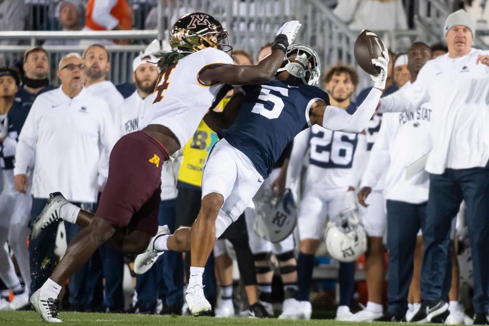 Penn State's Mitchell Tinsley makes a one-handed catch for a 30-yard reception in the second quarter against Minnesota at Beaver Stadium on Saturday, Oct. 22, 2022, in State College.
