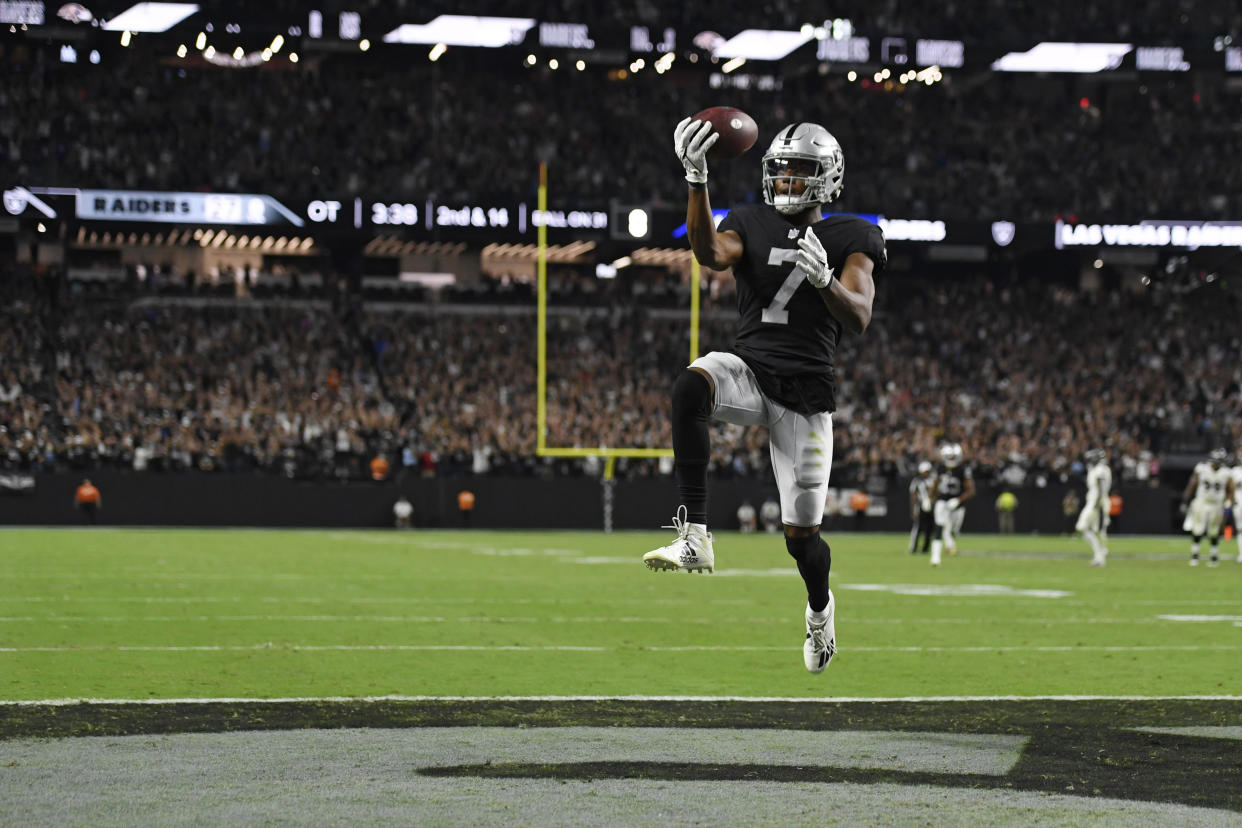 Las Vegas Raiders wide receiver Zay Jones (7) celebrates after scoring a game winning touchdown against the Baltimore Ravens during overtime in an NFL football game, Monday, Sept. 13, 2021, in Las Vegas. (AP Photo/David Becker)