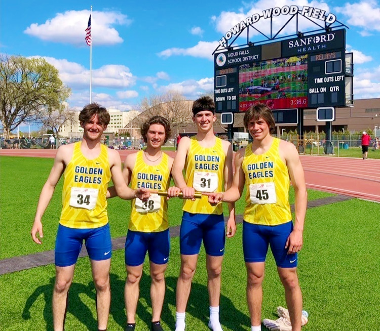 Aberdeen Central seniors Aiden Heimann, Gabe Johnson, Carter Dingman and Drew Salfrank are pictured after setting the school record in the boys' 1,600-meter relay on Saturday during the 98th Howard Wood Dakota Relays in Sioux Falls. The Golden Eagles will look to repeat as the champion in the event in the Eastern South Dakota Conference meet on Saturday.