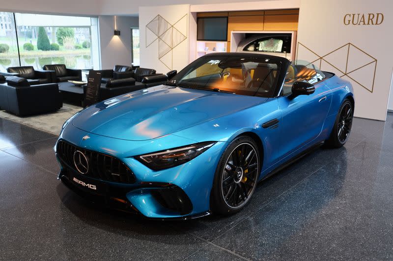 A Mercedes-AMG SL 63 4MATIC+ car is displayed in a showroom at Mercedes-Benz competence center, in Sindelfingen
