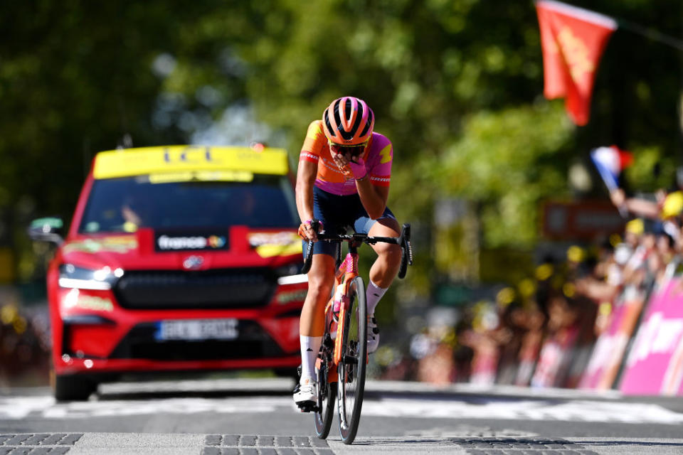 ALBI FRANCE  JULY 27 Ricarda Bauernfeind of Germany and Team CanyonSRAM Racing celebrates at finish line as stage winner during the 2nd Tour de France Femmes 2023 Stage 5 a 1261km stage from OnetleChteau to Albi 572m  UCIWWT  on July 27 2023 in Albi France Photo by Tim de WaeleGetty Images