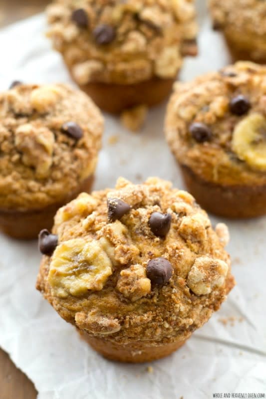 <p>These Banana Bread Chocolate Chip Streusel Muffins have all the flavors and textures you love about banana bread in muffin form, along with lots of gooey chocolate and a to-die-for buttery streusel. <a href="http://wholeandheavenlyoven.com/2015/03/23/banana-bread-chocolate-chip-streusel-muffins/" rel="nofollow noopener" target="_blank" data-ylk="slk:Get the recipe here.;elm:context_link;itc:0;sec:content-canvas" class="link ">Get the recipe here.</a></p>