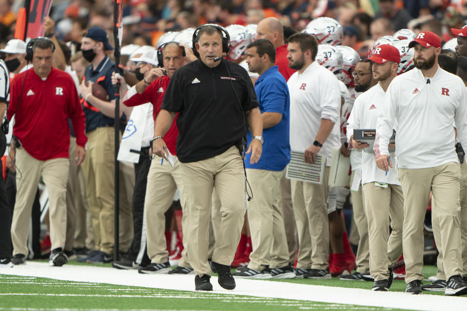 SYRACUSE, NY - SEPTEMBER 11: Rutgers Scarlet Knights Head Coach Greg Schiano looks on from the sidelines during the first half of a NCAA College Football game between the Rutgers Scarlet Knights and the Syracuse Orange on September 11, 2021, at the Carrier Dome in Syracuse, NY. (Photo by Gregory Fisher/Icon Sportswire via Getty Images)