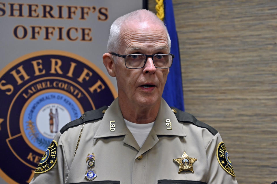 Deputy Gilbert Acciardo, public information officer with the Laurel County Sheriff's Office, gives details Sunday, Sept. 8, 2024, on the progress of the investigation into the shooting along Interstate 75 on Saturday in London, Ky. (AP Photo/Timothy D. Easley)