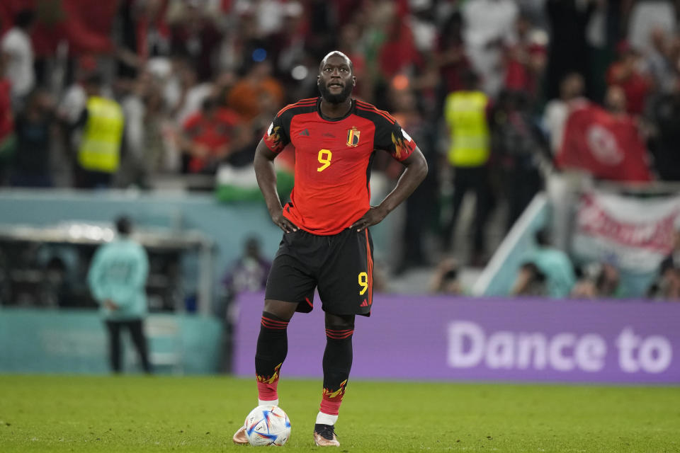 Belgium's Romelu Lukaku looks on during the World Cup group F soccer match between Belgium and Morocco, at the Al Thumama Stadium in Doha, Qatar, Sunday, Nov. 27, 2022. (AP Photo/Frank Augstein)