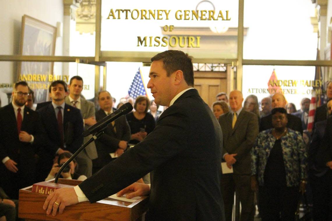 Missouri Attorney General Andrew Bailey gives his first remarks after being sworn into office in January at the Missouri Supreme Court in Jefferson City.