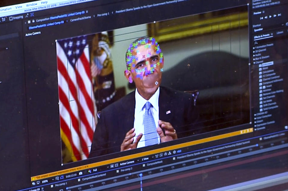 This image made from video of a fake video featuring former President Barack Obama shows elements of facial mapping used in new technology that lets anyone make videos of real people appearing to say things they've never said. (Photo: AP)