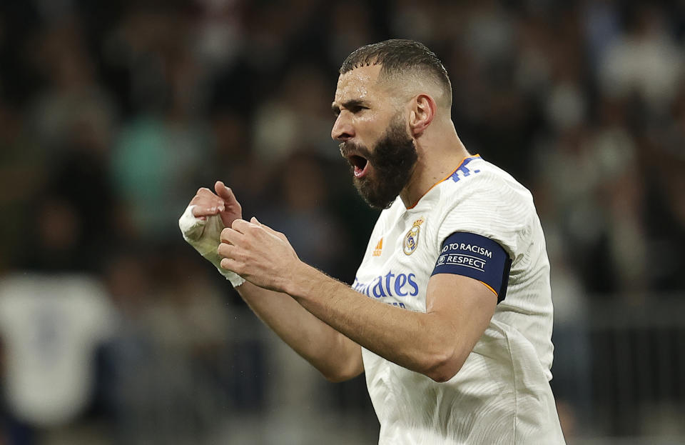 Pictured here, Karim Benzema celebrates Real Madrid's epic Champions League semi-final comeback victory over Manchester City. 