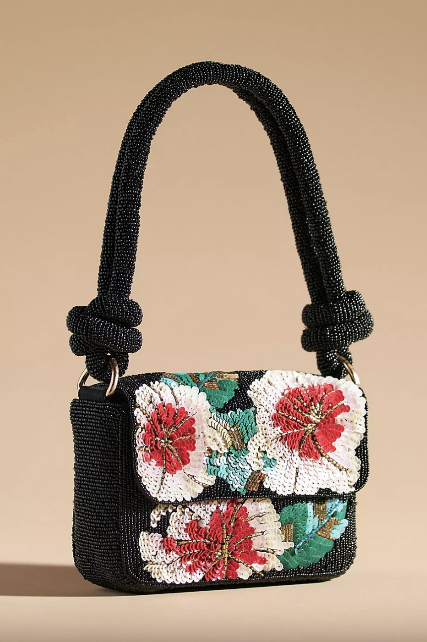 Embellished Beaded Knot Shoulder Bag with beaded pink, red and green flowers (photo via Anthropologie)