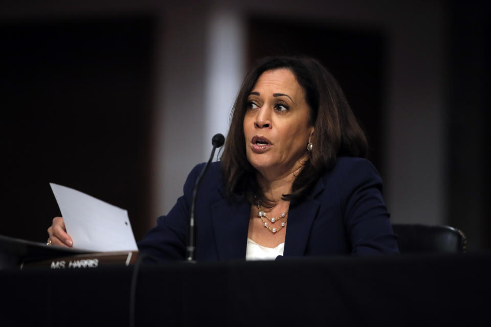 FILE - In this June 11, 2020, file photo Sen. Kamala Harris, D-Calif., speaks during a Senate Judiciary Committee business meeting on Capitol Hill in Washington. Hearings before the Republican-led Senate Judiciary Committee will begin Monday, Oct. 12, for President Donald Trump’s Supreme Court nominee Judge Amy Coney Barrett. (AP Photo/Carolyn Kaster, Pool, File)