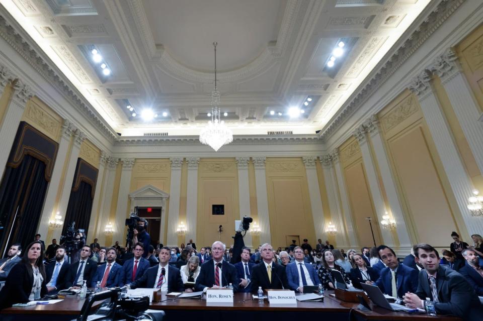 Former assistant US attorney general for the Office of Legal Counsel Steven Engel, former acting US attorney general Jeffrey Rosen and former acting US deputy attorney general Richard Donoghue attend the fifth hearing (Getty Images)