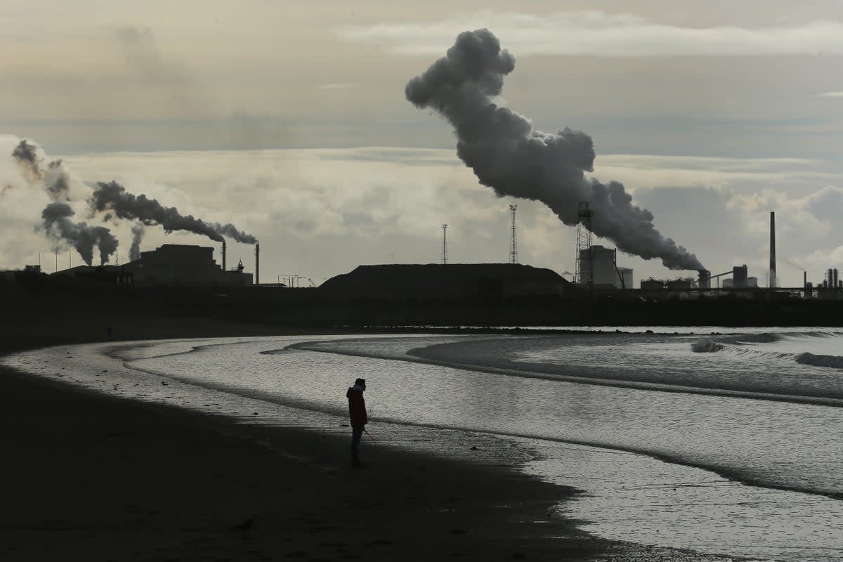 A man walks his dog on Aberavon beach near Port Talbot in Wales  (Getty Images)