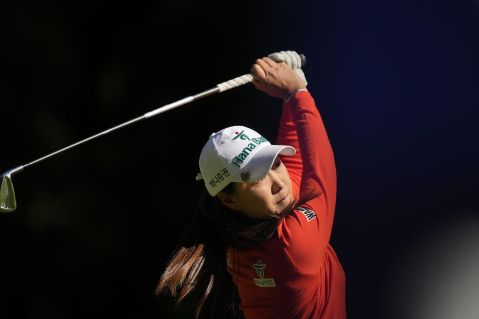 Minjee Lee, of Australia, watches her shot after hitting on the 13th tee during the second round of the Women's PGA Championship golf tournament at Sahalee Country Club, Friday, June 21, 2024, in Sammamish, Wash. (AP Photo/Lindsey Wasson)