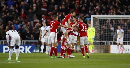 Britain Soccer Football - Middlesbrough v Sunderland - Premier League - The Riverside Stadium - 26/4/17 Middlesbrough's Marten de Roon celebrates scoring their first goal with Adam Clayton and team mates Reuters / Phil Noble Livepic