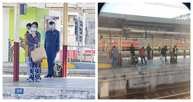 一名軍校生直挺挺地站在月台等火車。（圖／翻攝自臉書社團爆料公社）