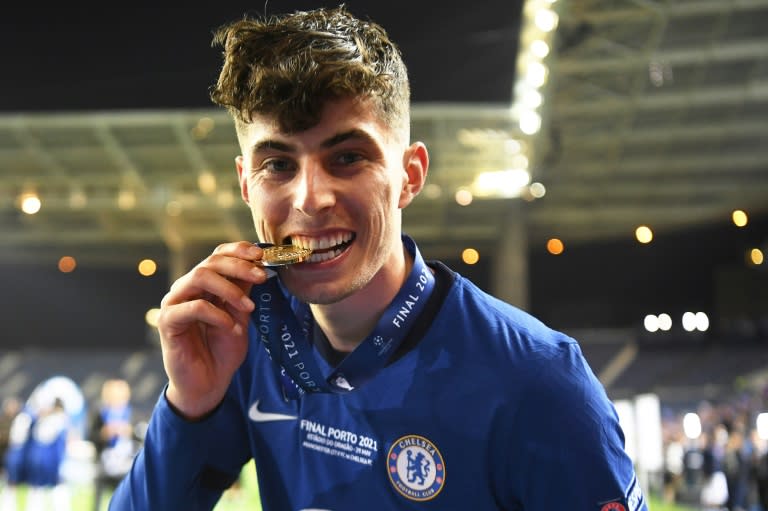 Kai Havertz celebrates with his medal after his goal decided the Champions League final