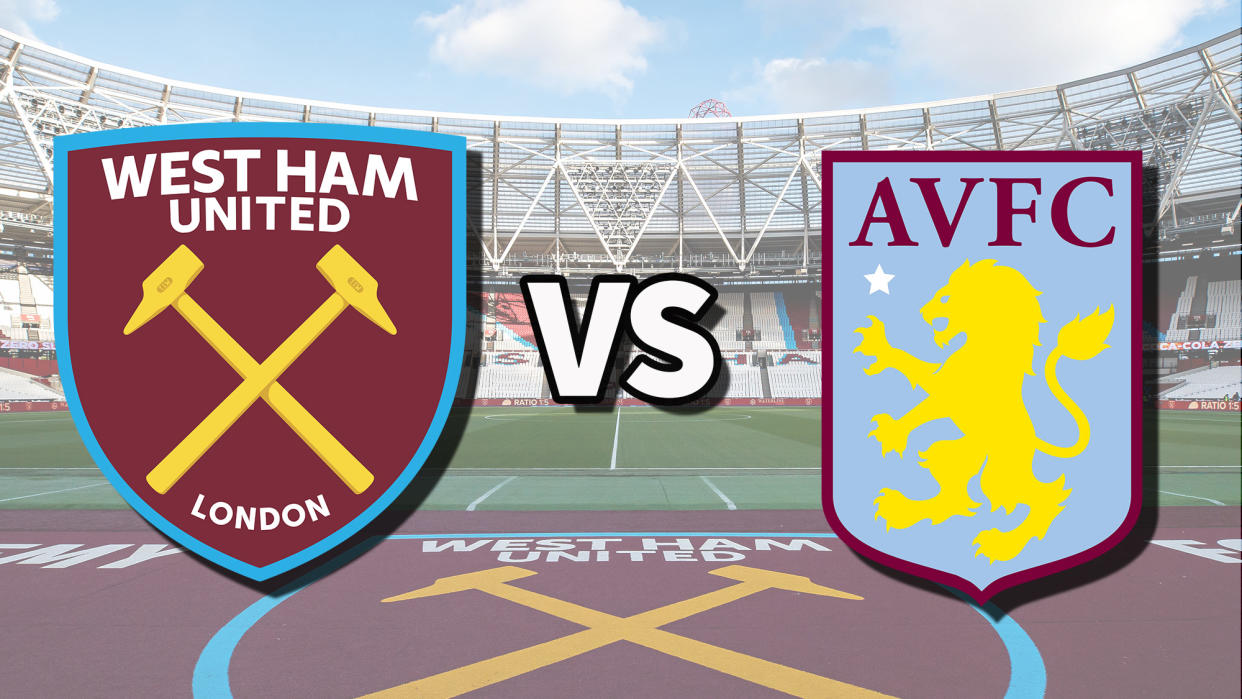  The West Ham United and Aston Villa club badges on top of a photo of London Stadium in London, England. 