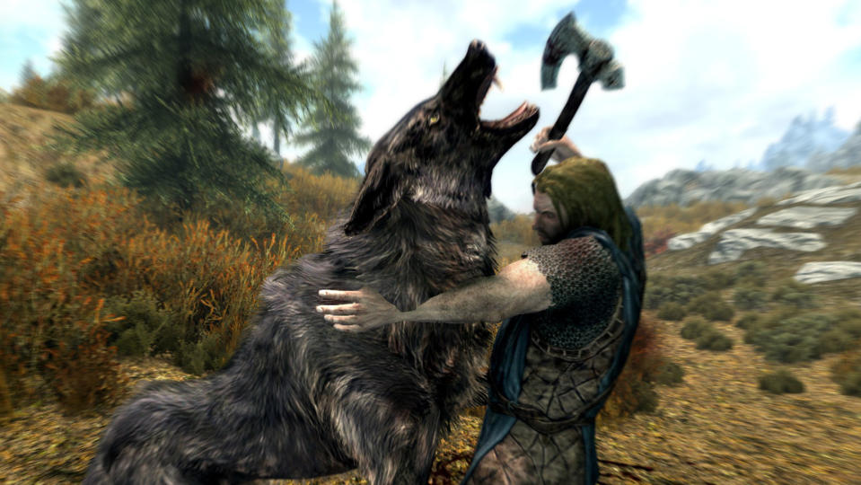  Skyrim man fighting a wolf. 