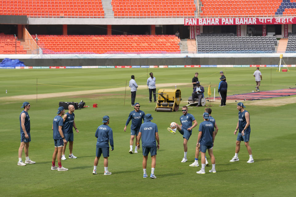 England's cricket players attend a practice session ahead of their first cricket test match against India in Hyderabad, India, Wednesday, Jan. 24, 2024. (AP Photo/Mahesh Kumar A.)