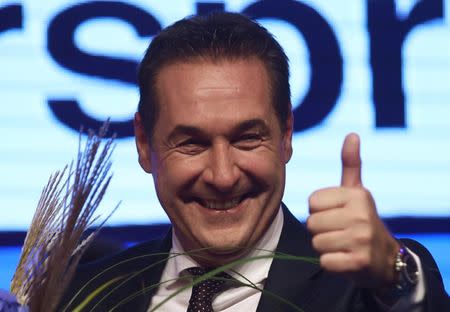 Top candidate and head of far-right Freedom Party (FPOe) Heinz-Christian Strache attends his party meeting after Austria's general election in Vienna, Austria, October 15, 2017. REUTERS/Michael Dalder