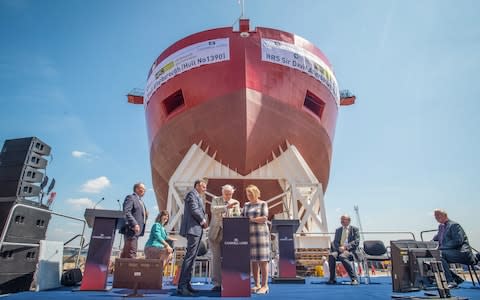 Sir David Attenborough presses the launch button for the RSS Sir David Attenborough, which the public voted to name Boaty McBoatface - Credit: Mercury Press &amp; Media&nbsp;